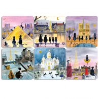 Комплект от 6 квадратни подложки за чаши - Черни котки в Париж CARTES D'ART
