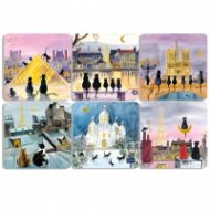 Комплект от 6 квадратни подложки за чаши - Черни котки в Париж CARTES D'ART