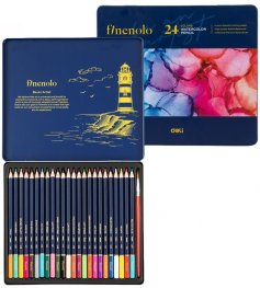 Акварелни цветни моливи Deli Finenolo EC129-24, 24 цвята + четка, в метална кутия