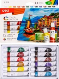 Темперни бои Deli Gouache EC11-12 на водна основа, 12 цвята х 12 мл в тубички